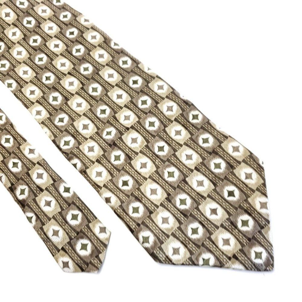 Milano Uomo Beige Tan‎ Print Geometric Wide Silk Tie